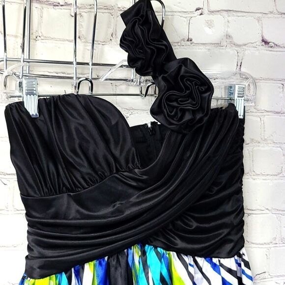 My Michelle One Shoulder Peacock Maxi Dress Colorful Satin Sweetheart Rosette - Picture 4 of 15